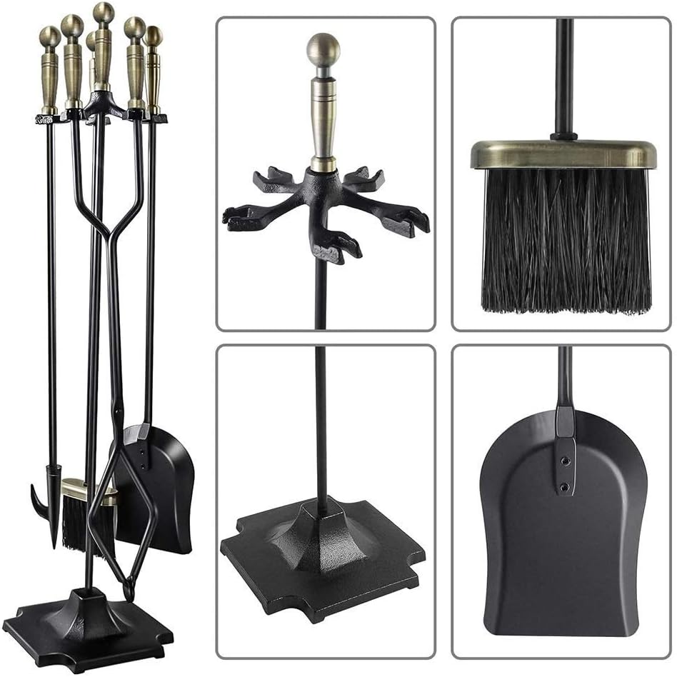 Fireplace Tools Set 5 Pieces, Wrought Iron Fire Pit Kit, Brush Poker Shovel Tongs Holder Fireplace Tool Stand with Pedestal Place, 32 Inch High