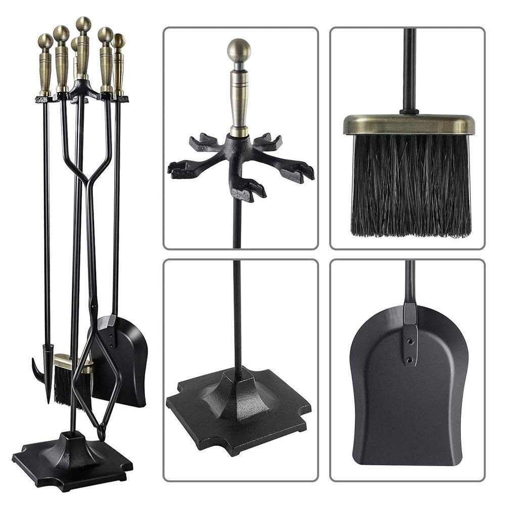 Set di 5 attrezzi per camino, in ferro battuto, con paletta, pinze, supporto per caminetto, con piedistallo, altezza 81 cm