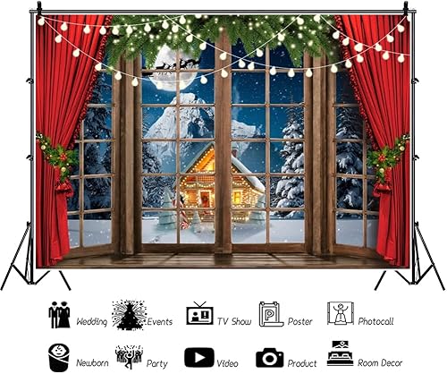 Miniatura 4 de Leowefow - Telón de fondo de ventana de Navidad de 10 x 8 pies, cuerdas de luz para ventana francesa de Navidad, bosque de pinos nevados, fondo de