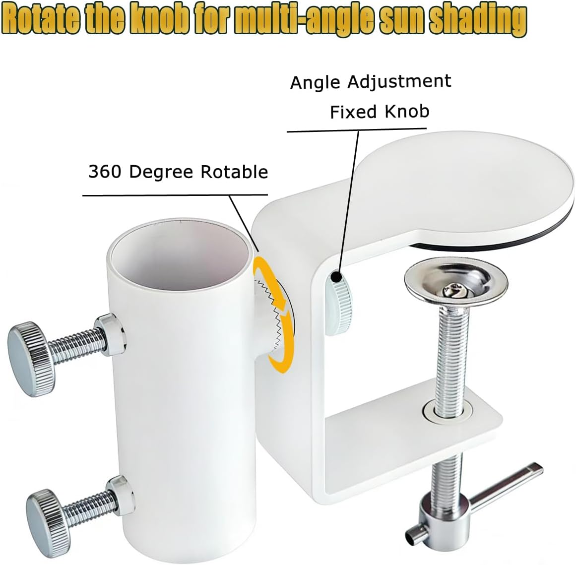 White Heavy Duty Patio Umbrella Clamp, Rustproof Steel Railing Holder with 360° Rotation for Balcony, Fence, Bleachers & Outdoor Deck