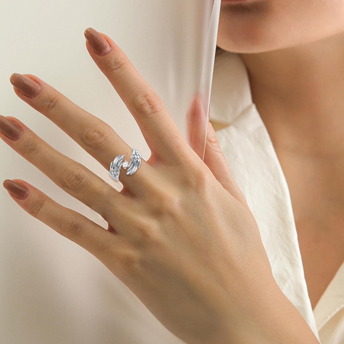 Diamond Angel Wing Ring for Women 925 Sterling Silver Guardian Angel Wing Feather Ring with Lab Grown Diamond Birthday Christmas Jewelry Gifts for Her