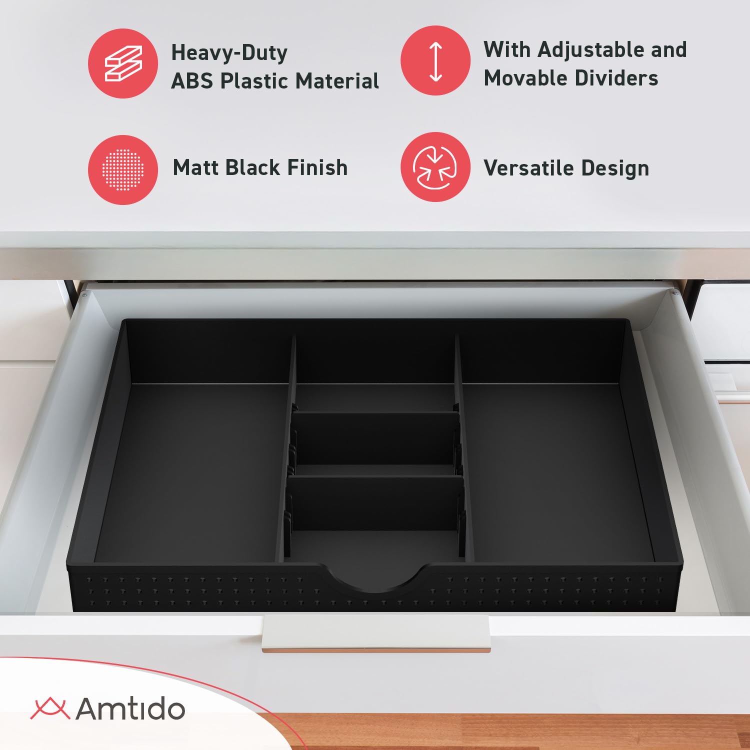 Amtido - Organizer per scrivania con cassetto e accessori per cancelleria da ufficio – 3 scomparti con 2 divisori regolabili – nero – 2 pezzi