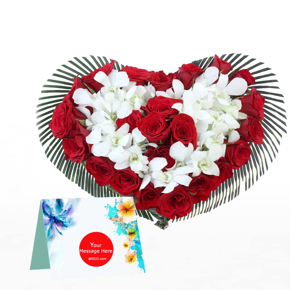 EG2i Fresh 30 Red & 20 White Rose Flowers Heart Shape Basket | Perfect Bunch Happy Birthday Gift| Couple Gift for Wedding, Mothers Day, Valentine Gifts Bukey |Real Bouquet Men Women| Same Day Delivery