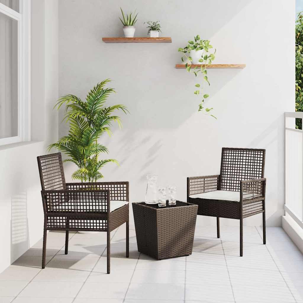 Set da bistrò in polyrattan, 3 pezzi, marrone, con piano in vetro di sicurezza e braccioli, per giardino, terrazza o patio