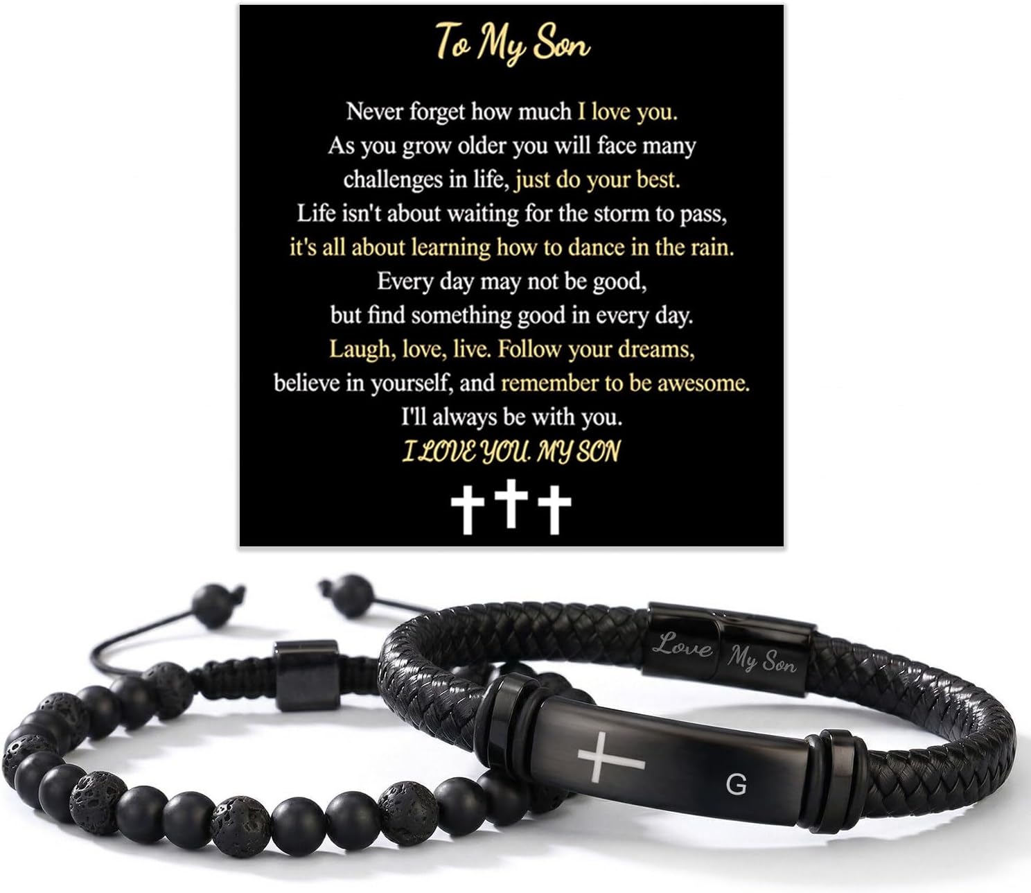 Son Bracelet from Mom or Dad - Leather Bracelet with Engraved Cross and Initial, Natural Bead Bracelet Gift Set for Son on Birthday, Graduation, Baptism