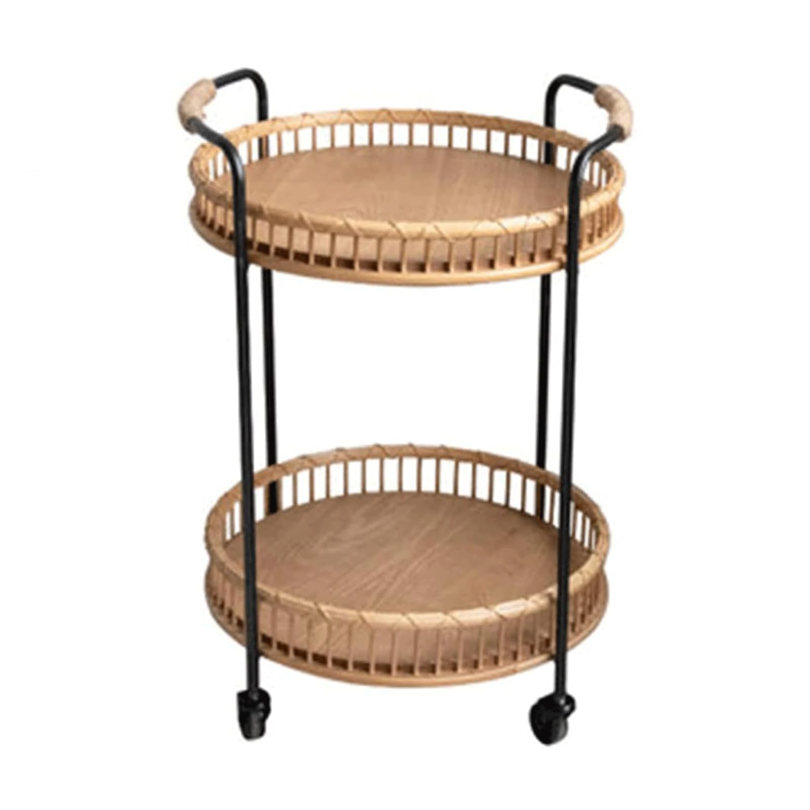 POCHY Brown Rattan Storage Cart, 2-Tier Serving Cart with Wheels, Classic Style