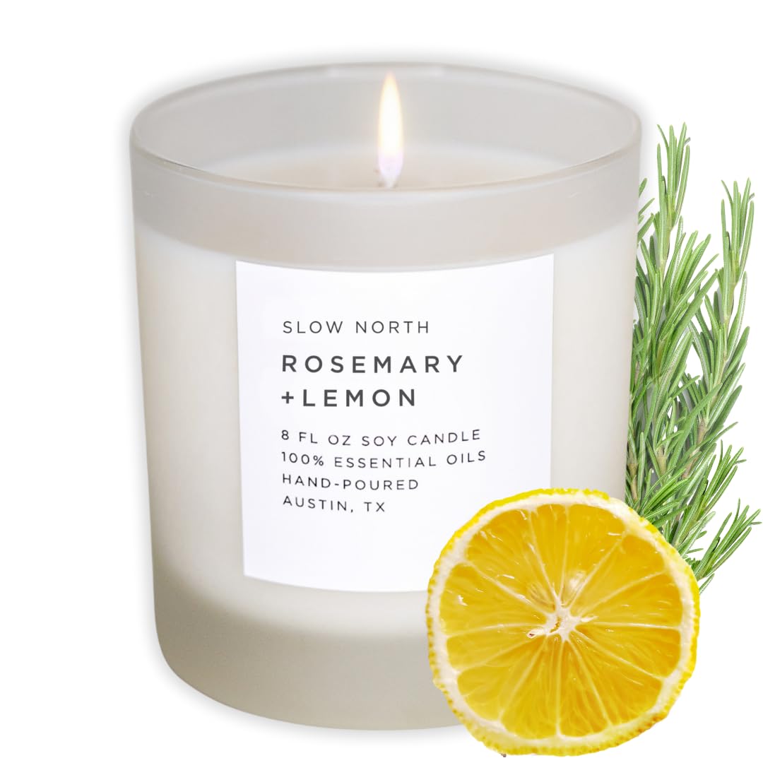 Slow North Rosemary + Lemon Candle - Essential Oils and Pure Soy Wax Candle in a Reusable Frosted Glass Jar - A Unique Scented Candle Hand-Poured in