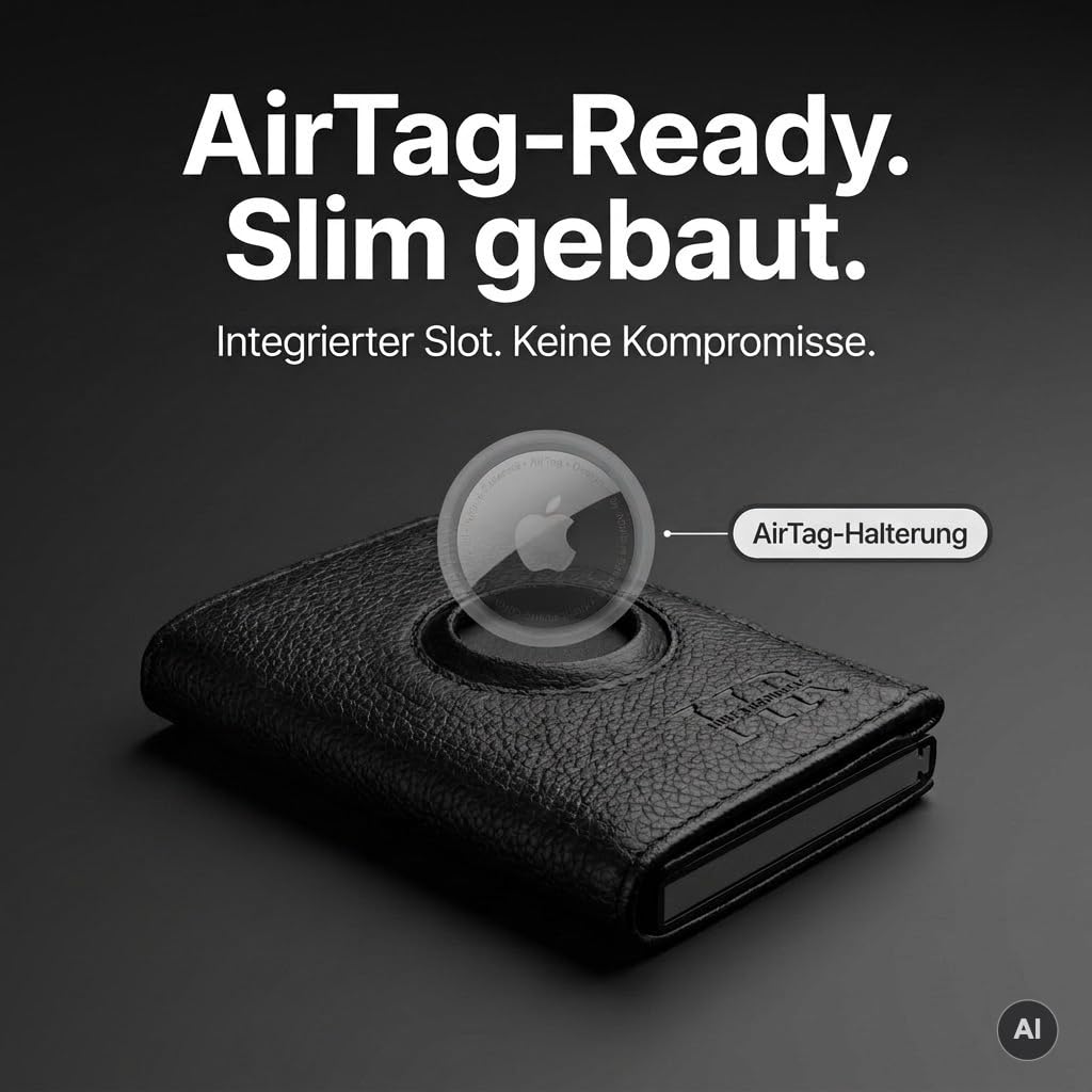 Geldbörse Herren Leder mit AirTag-Halterung, Portemonnaie Herren mit Münzfach & RFID-Schutz, Slim Pop-up Kartenfach für bis zu 10 Karten + ID-Fenster & Geldscheinfach, Schwarz