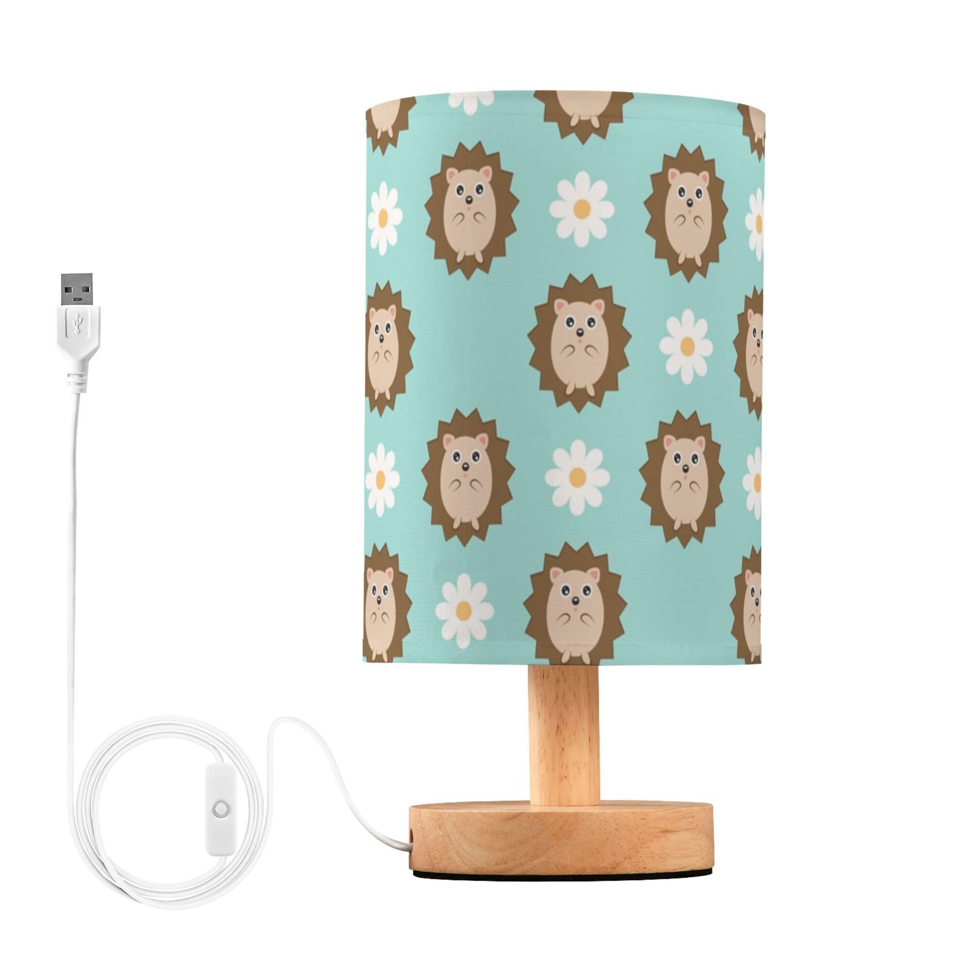 YYZZH Table Lamp Cute Hedgehog Daisy Flower on Blue Nightstand Lamp with Wood Base Fabric Lamp Shade Bedside Desk Lamp for Living Room Bedroom Kids Room Office