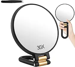 Espelho de Viagem de Aumento 30X/1X, Espelho de Mão Dupla Face com Alça e Pinça, Essencial de Viagem Espelho de Maquiagem Dobrável Portátil para Maquiagem de Precisão Preto
