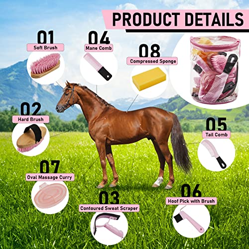 Cunhill 9 Pcs Horse Grooming Kit Tack Room Supplies Set with Tote Bag, Oval Massage Curry, Hard and Soft Brush, Hoof Pick, Sweat Scraper, Bathing Sponge, Comb for Horse Rider(Cute,Pink) - Image 3