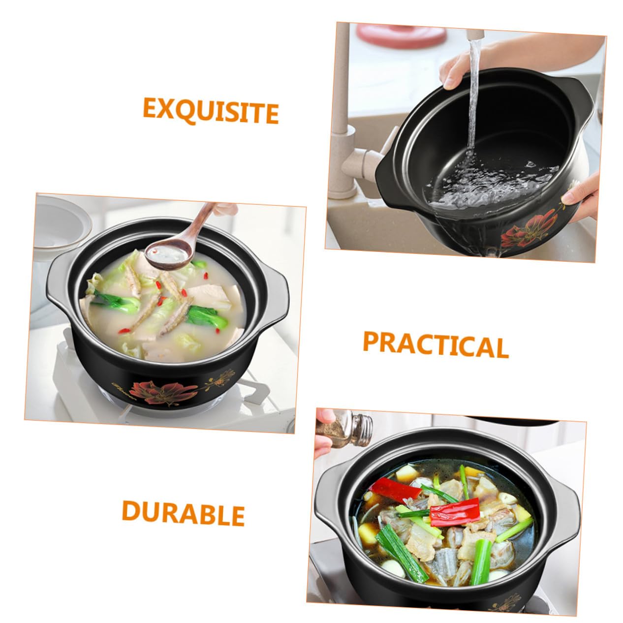 ULTECHNOVO Olla de Cerámica para Guisar Comida Tapa, Capacidad 1600ml, Ahorro de Energía y Doble Asa, Apta para Cocina Doméstica y Gas