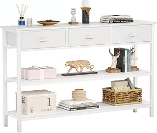 Furologee White Long 47" Console Sofa Table with 3 Drawers, Entryway Table with 3-Tier Storage Shelves, Display Shelf for ...