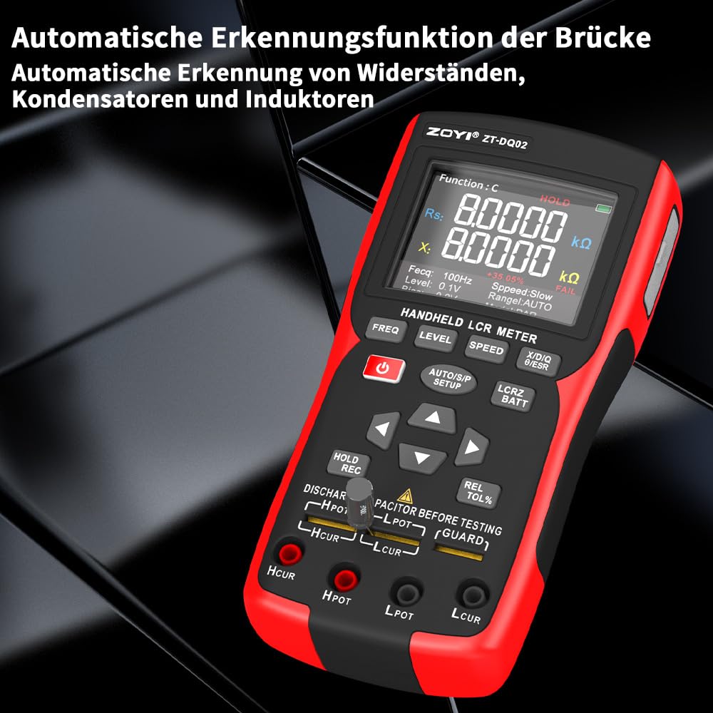 Handheld LCR Messgerät mit Batterie Innenwiderstandstester Präzisionsmultimeter für Kapazität/Induktivität, 4 Draht Kelvin Klemmen 100Hz–100kHz