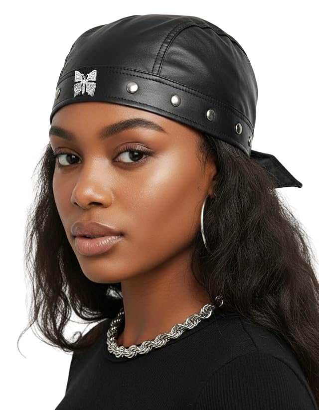 FurquGears Leather Biker Cap for Women Stylish Biker Doo Rag Headwrap for Riding Adjustable Motorcycle Black Skull Hat