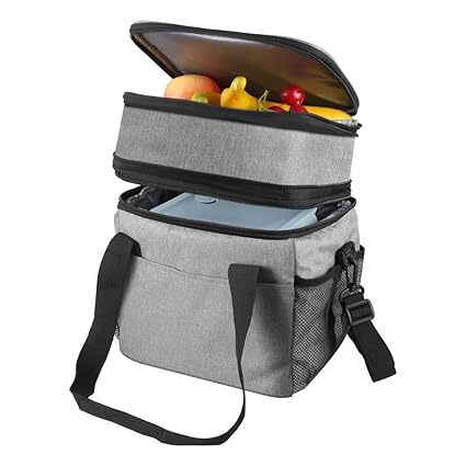 KAKULO Lunch Box for Women Men Double Deck Expandable Insulated Lunch Bag Leakproof Freezable Cooler Bag with Adjustable Shoulder Strap Lunchbox for Office Work School Picnic Beach (Gray)