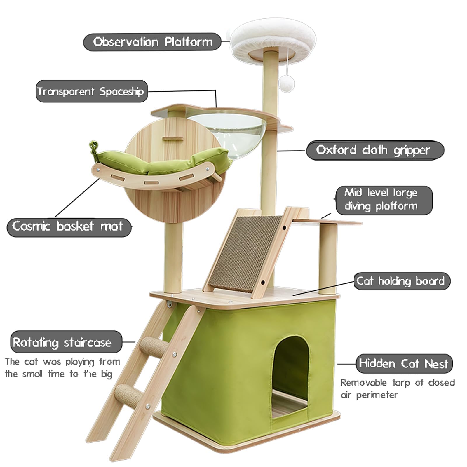 MEKIDULU Albero per Gatti Alto 150 cm, 1Trasparente Veicoli spaziali,1Piattaforma di peluche, 1Amaca per gatti, 1Castello per, 1Tiragraffi per gatti cartone（Verde/Legno）