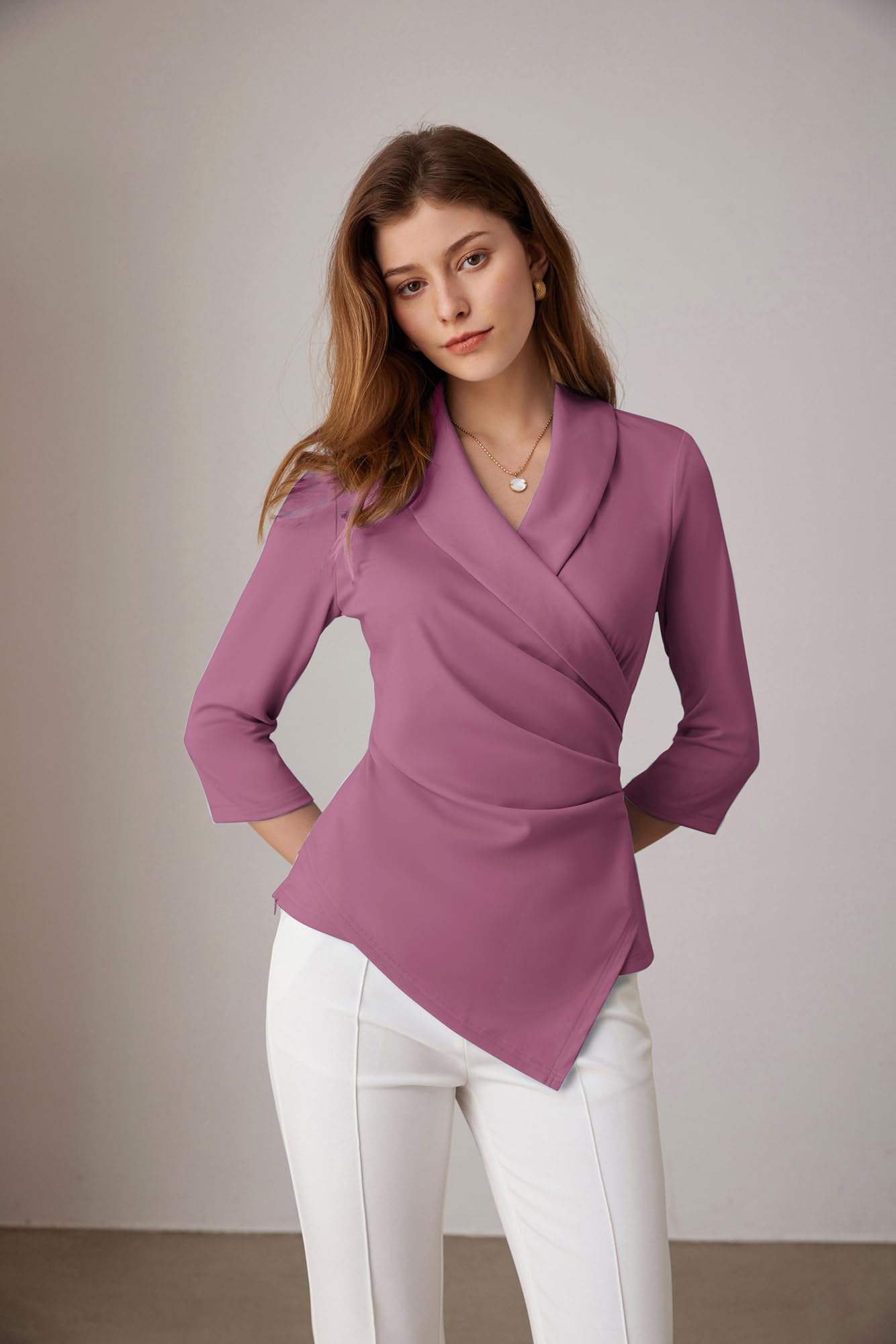 GRACE KARIN Top da donna con scollo a V, maniche a 3/4, camicia a tunica, elegante, plissettata, camicetta da ufficio casual