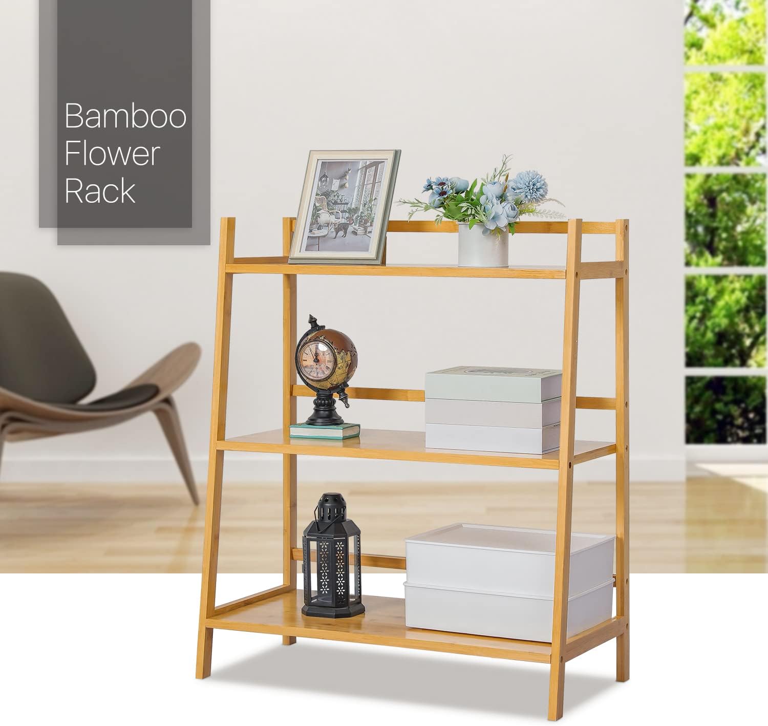 MoNiBloom Ladder Shelf for Plant Flower Book, Bamboo 3-Tier Trapezoid Storage Shelf Organizer for Living Room Balcony Kitchen Bathroom Home Office, Natural