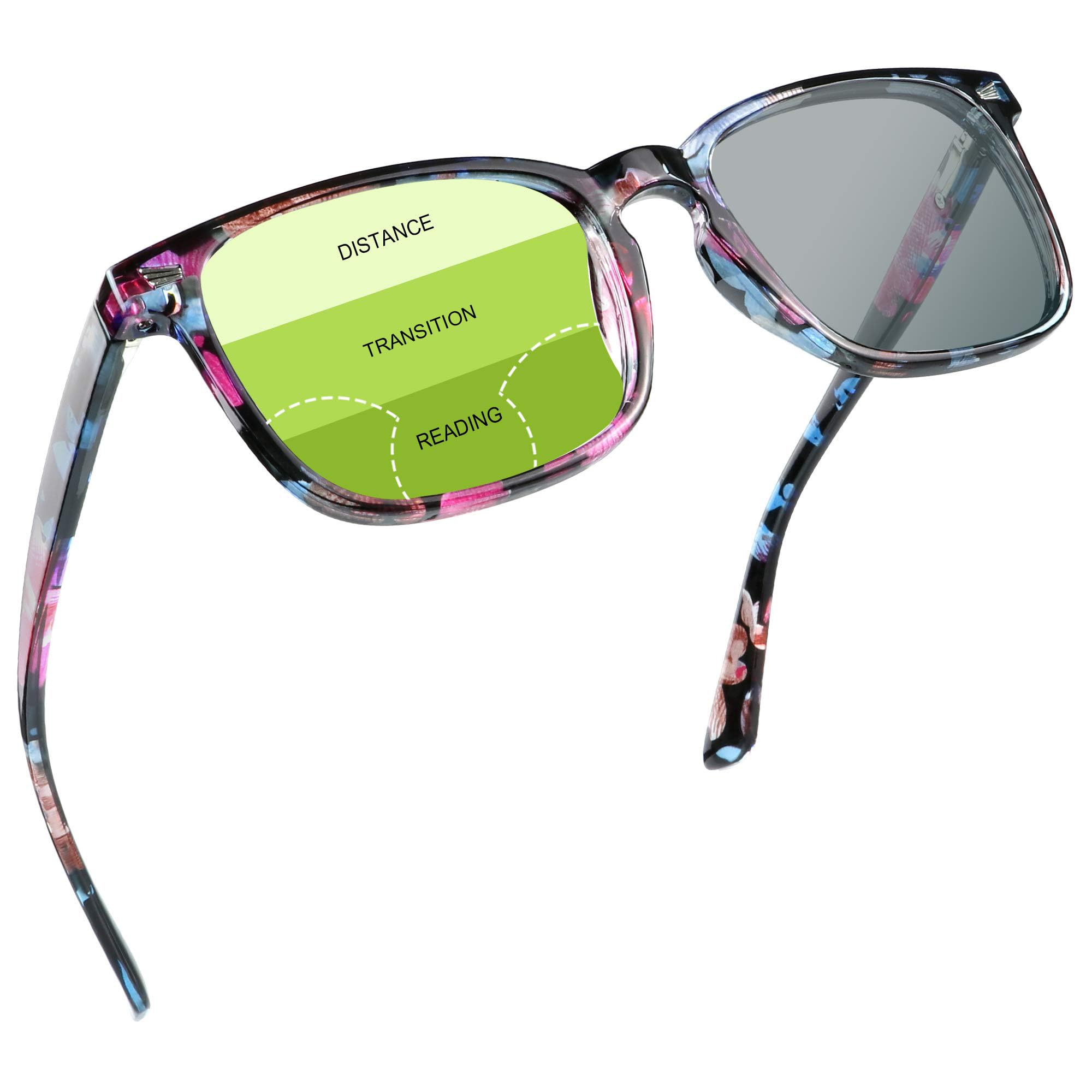 YEIN Progressive Multifocal Presbyopic Glasses, Photochromic Gray Sunglasses, 0.00/+2.25 Magnification for Women