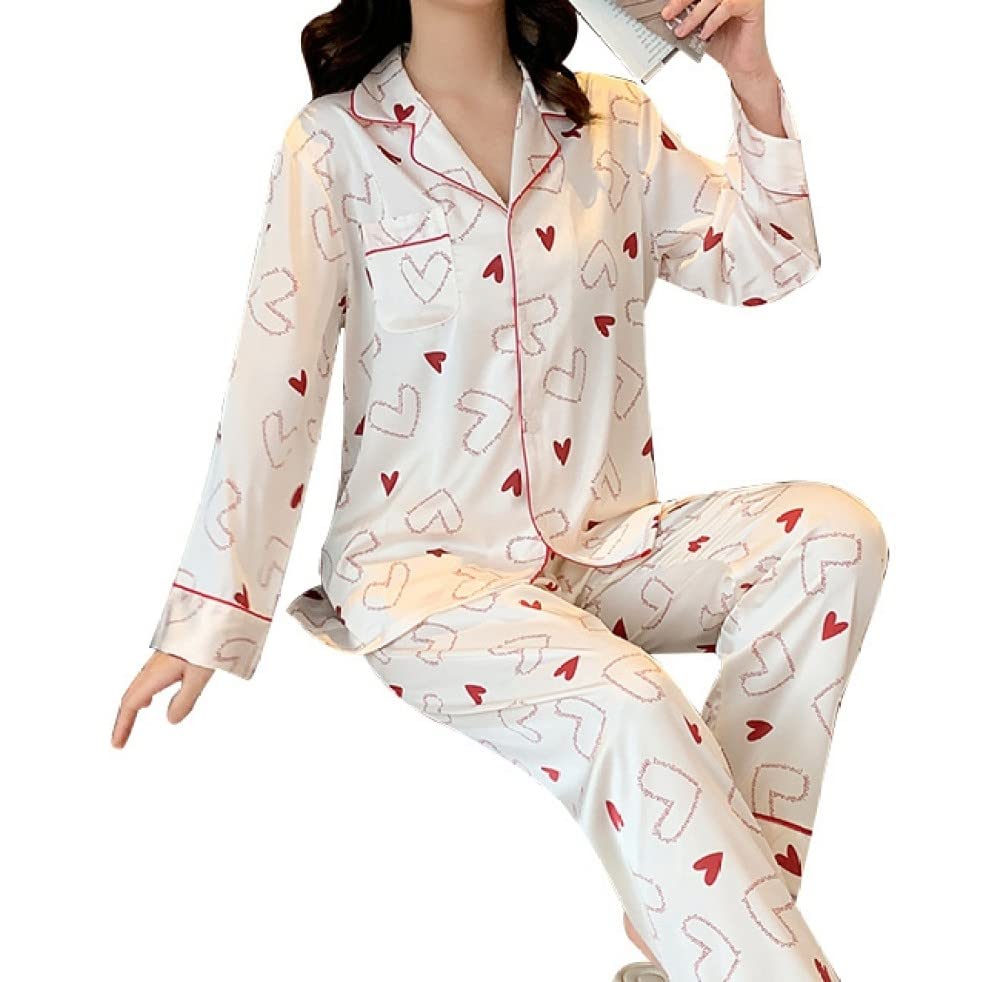 Ensembles De Pyjama Femme,Ensemble De Vêtements De Nuit À Manches Longues avec Revers Blanc Et Imprimé Cœur Rouge pour Femme