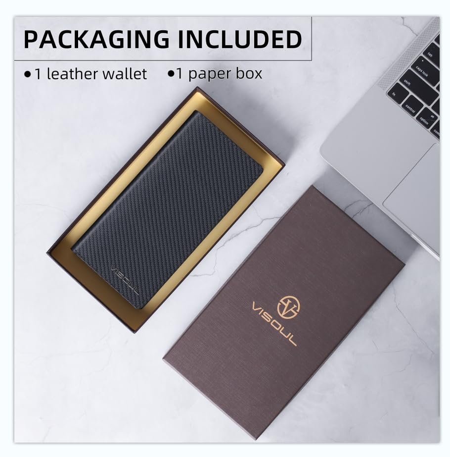 Image of VISOUL Leather Checkbook Cover Wallet for Men with RFID Blocking, Mens Long Bifold Cash Tall Wallet with 11 Credit Card Slots 1 ID Window (Black+Orange)