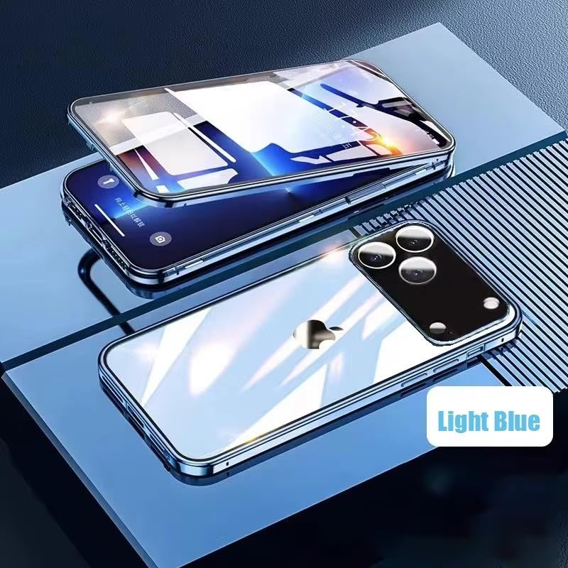 Coque iPhone 17 Pro bleu clair intégrale en métal magnétique avec verre double face - 2