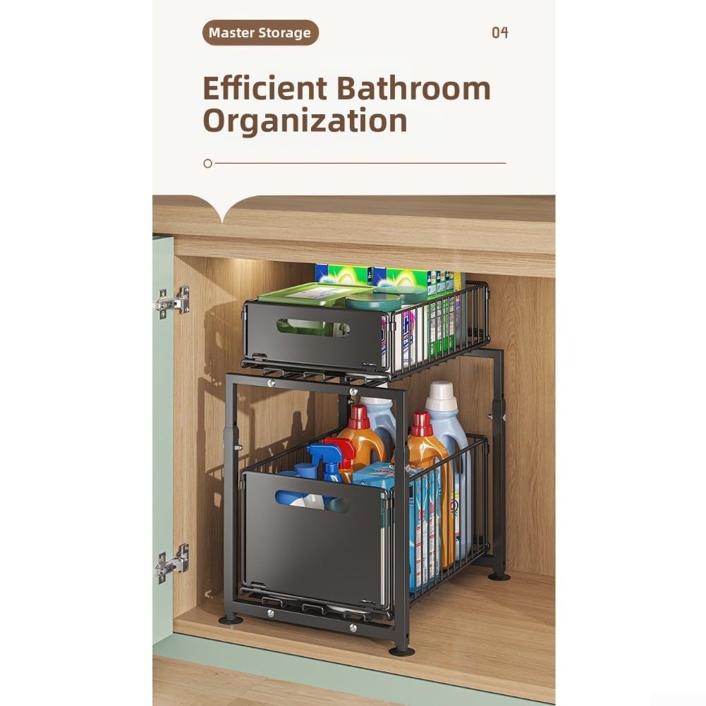 Organizer pod zlew z wysuwanymi półkami, regulacja wysokości 41–49 cm, stalowy schowek do szafek kuchennych i łazienkowych (czarny)