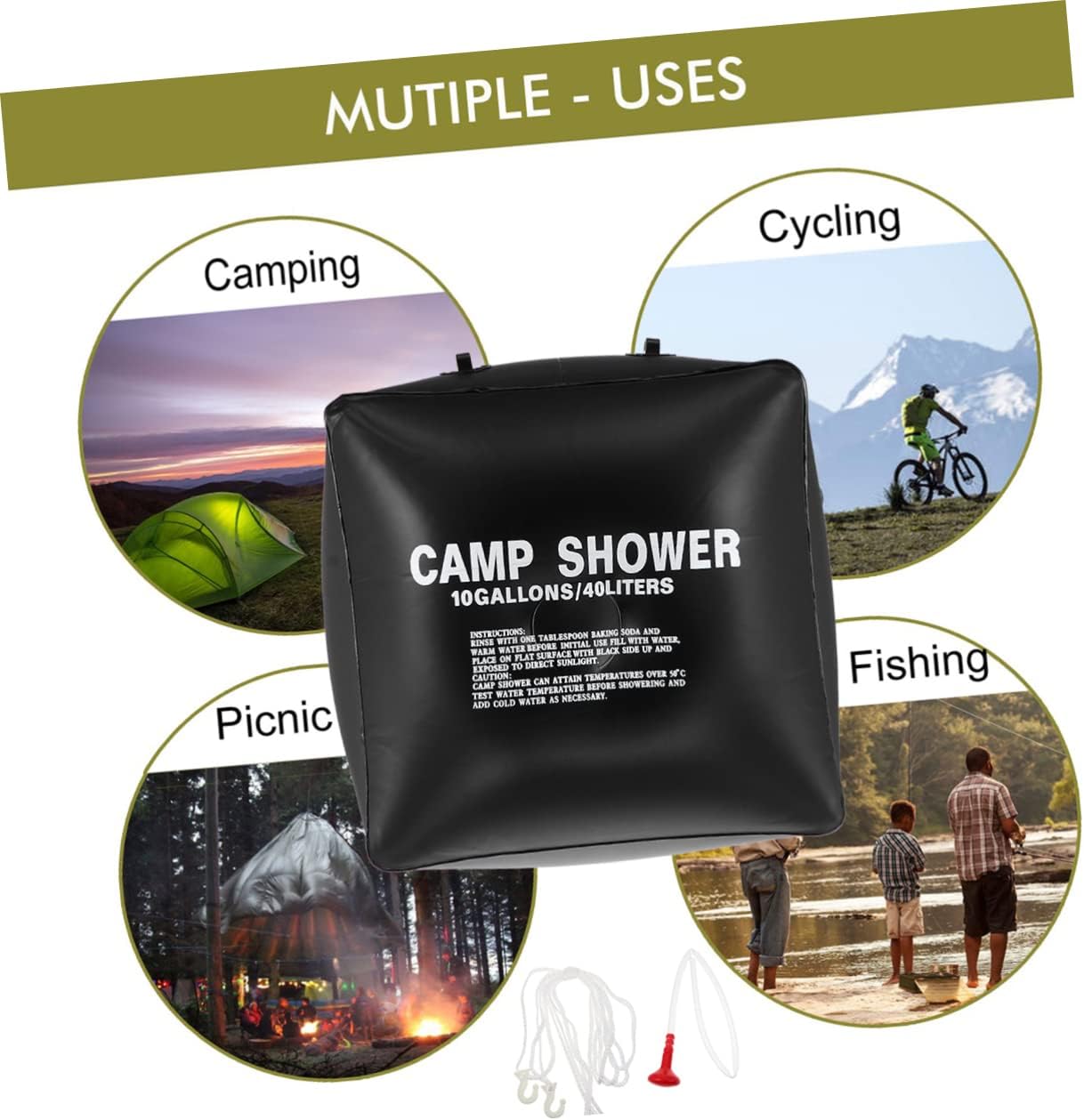 Abaodam 1set Solar Shower Bag for Camping Portable Outdoor Shower Bag Nozzle Hiking Fishing