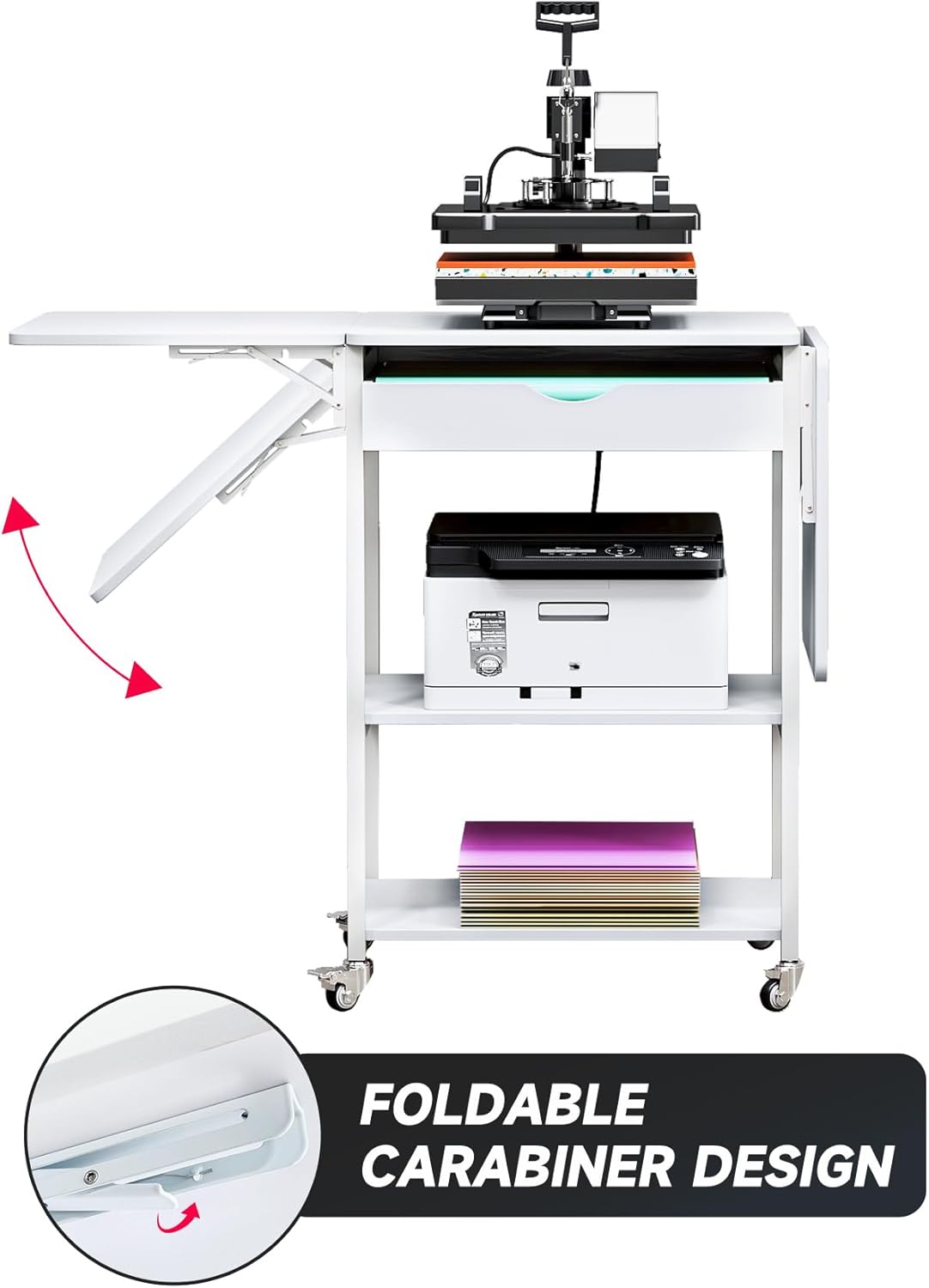 TC-HOMENY Movable 3 Tier Heat Press Table, Foldable Heat Transfer Machine Stand with Vinyl Roll Holder, Heat Press Table Cart Stand with Charging Station for DIY Sublimation Transfer Machine (White)
