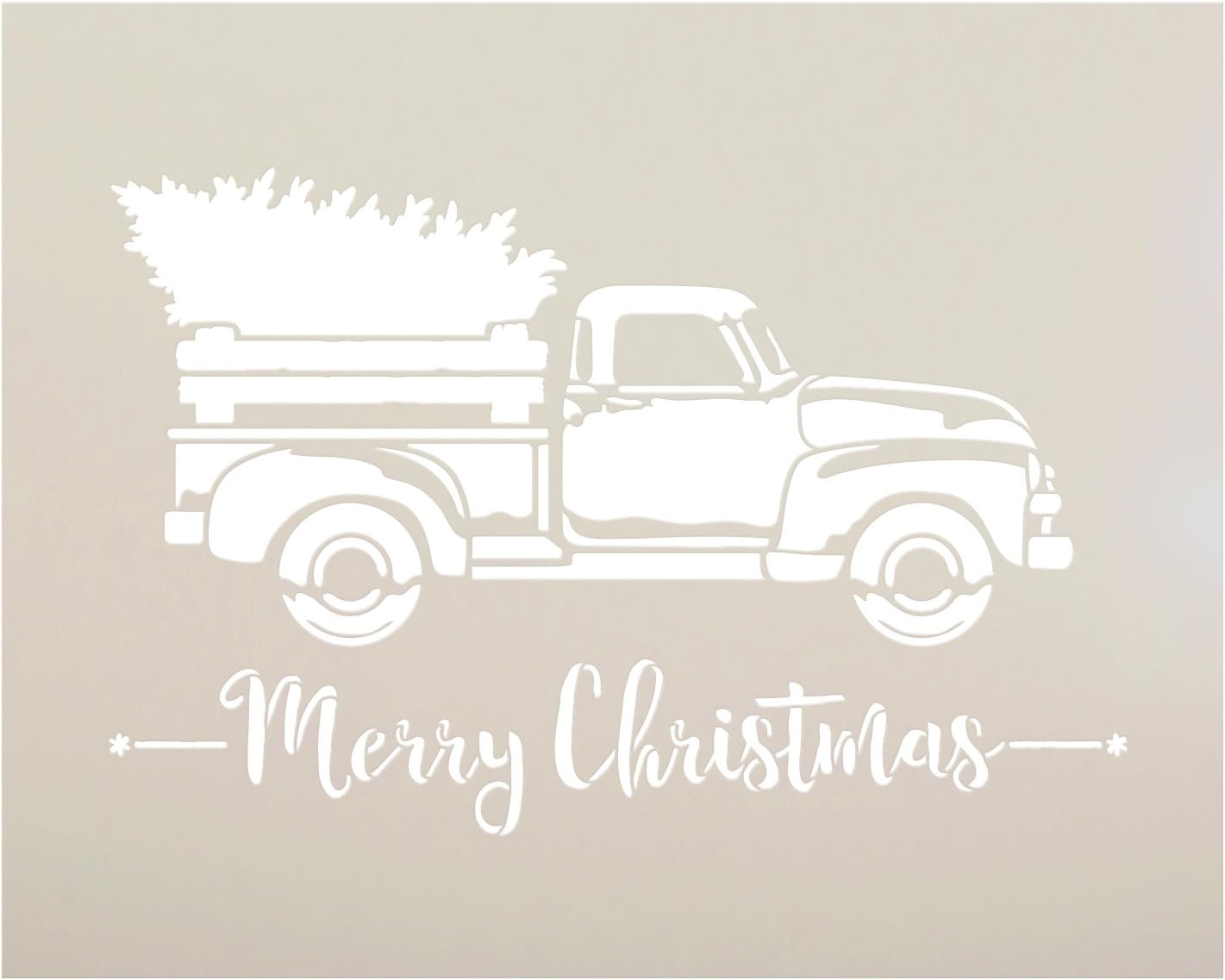 Little Red Truck with Merry Christmas Stencil by StudioR12 | for Painting Wood Signs | Vintage Script Lettering | Retro Holiday Home Decor | Rustic Old Fashioned Holiday : Choose Size (13" x 10")