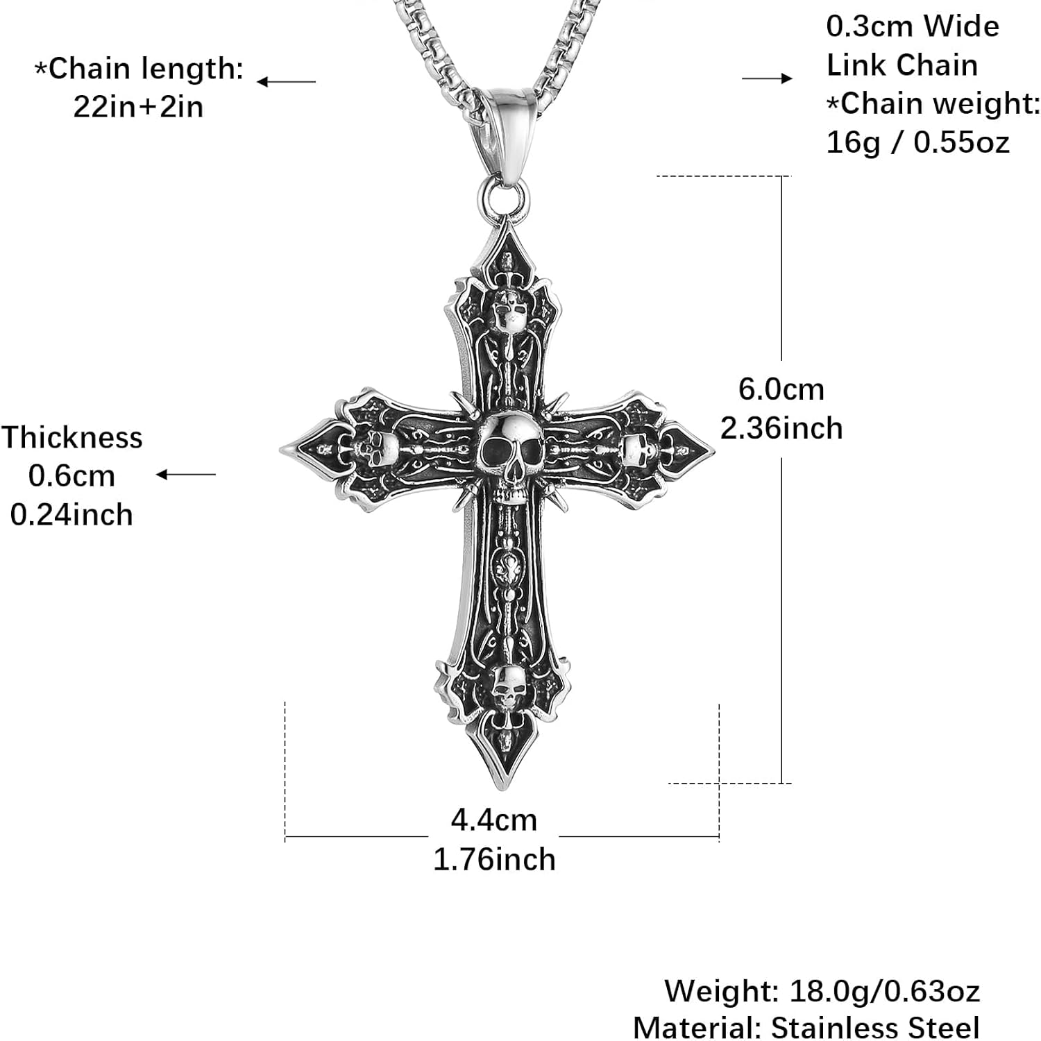 HZMAN Vintage Cross Necklace Stainless Steel Gothic Skull Cross Pendant 22+2In Box Chain - Image 5