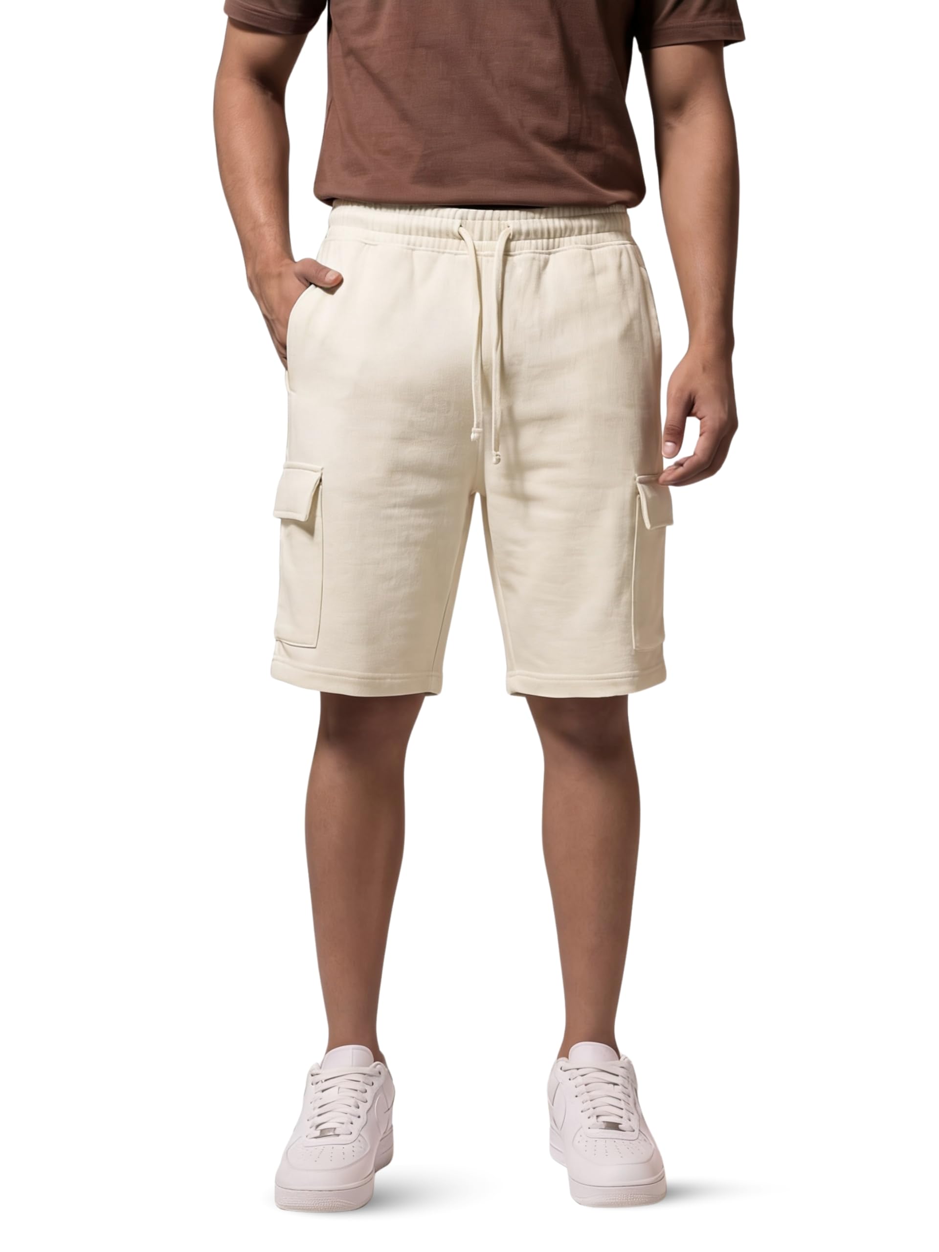 fflirtygo Men's Cargo Shorts | 240 GSM Cotton Terry | Elastic Waist Drawstring | Side Cargo Pockets | Regular Fit | Off White-picture-22