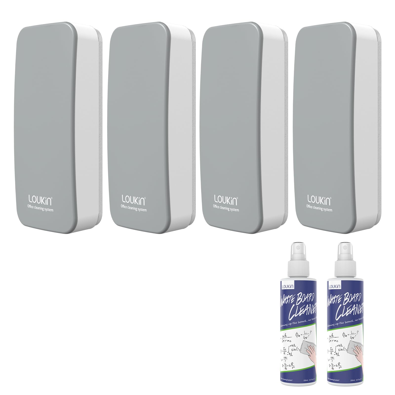 LOUKIN Borrador Magnético Seco para Pizarra Blanca (4 Unidades), Borrador para Pizarras Blancas y de Vidrio, Incluye 2 × 100 ml de Limpiador para Pizarras, Ideal para Aula, Hogar y Oficina (Gris)