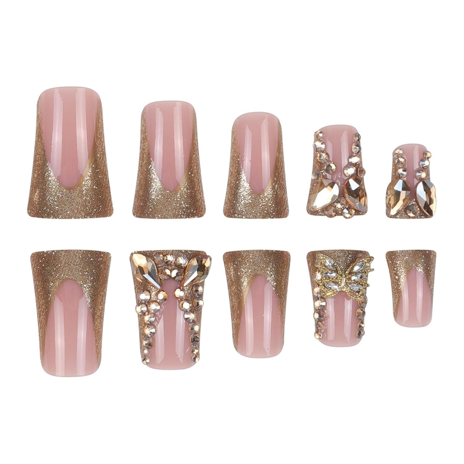 24pcs Medium Length Press on Nails French Tip False Nails Glitter Gold Fake Nails Rhinestone Butterfly Stick on Nails Removable Glue-on Acrylic Nail Tips Accessories for Women