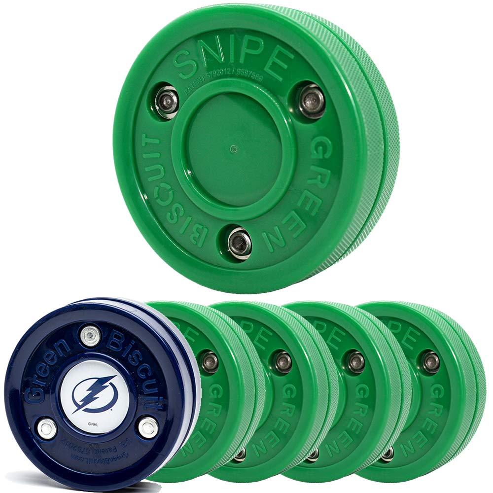 Green Biscuit4 Pack New Snipe 2.0 Shooter with NHL Team Puck and GB Sticker, Official Regulation NHL Hockey Pucks for Shooting and Stickhandling