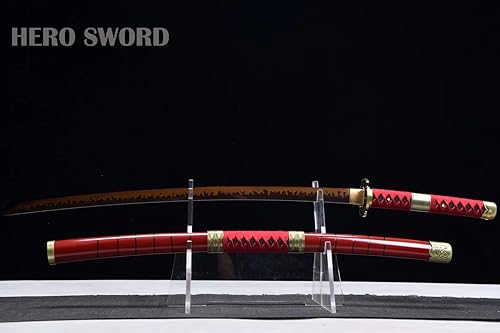 Miniatura 3 de HERO SWORD - Espada de anime Zoro hecha a mano, arcilla muy afilada, acero templado T10 de una pieza, Katana, hoja roja y negra, armas japonesas
