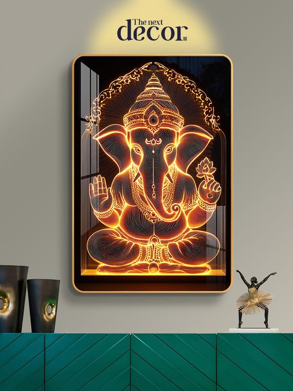Image of The Next Decor Jai Shri Ganesh Wood Glass Finish Wall Art Decorative Painting for Living Room, Bedroom, Dining Room (Size: 18x12 Inches)