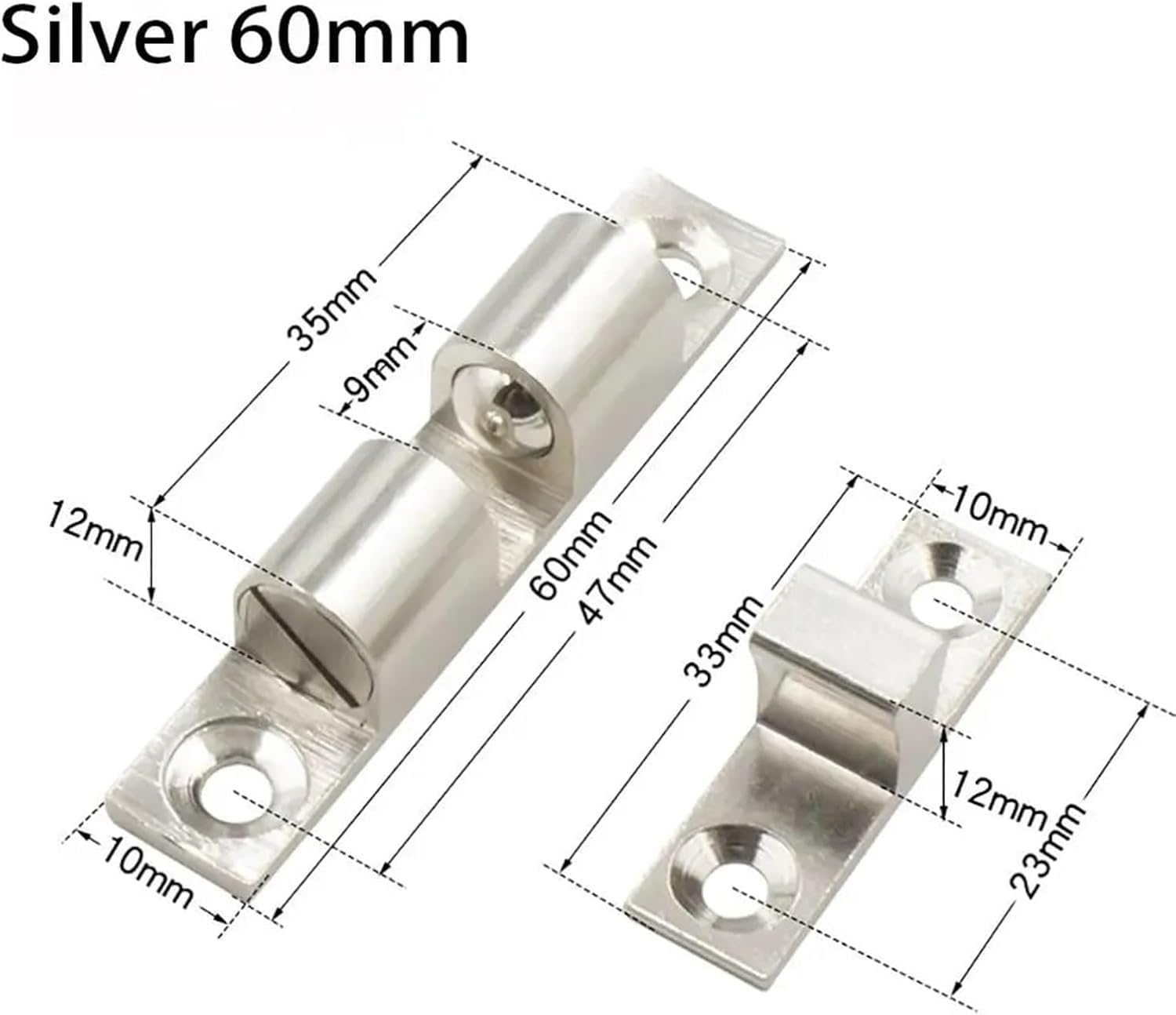 Magnetyczny zatrzask do drzwi, 10 szt. Podwójna sprężyna stalowa kulka amortyzator bufor mosiężny miedziany zatrzask napinający szafę(Silver,60mm)
