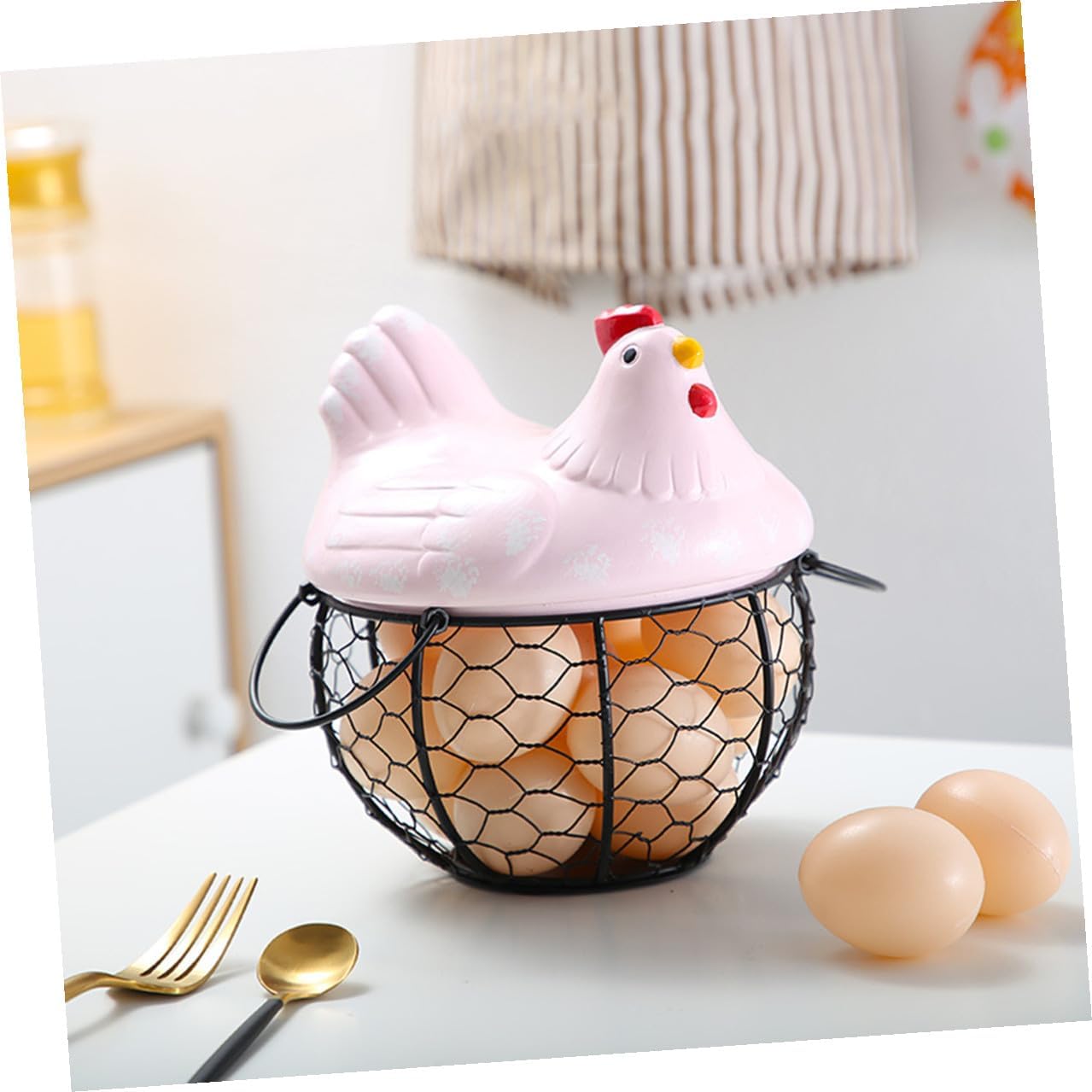 Small Egg Basket with Hen Lid, Iron Kitchen Storage Basket for Snacks and Fruits, Pink Mini Egg Holder for Farmhouse Decor and Countertop Organization