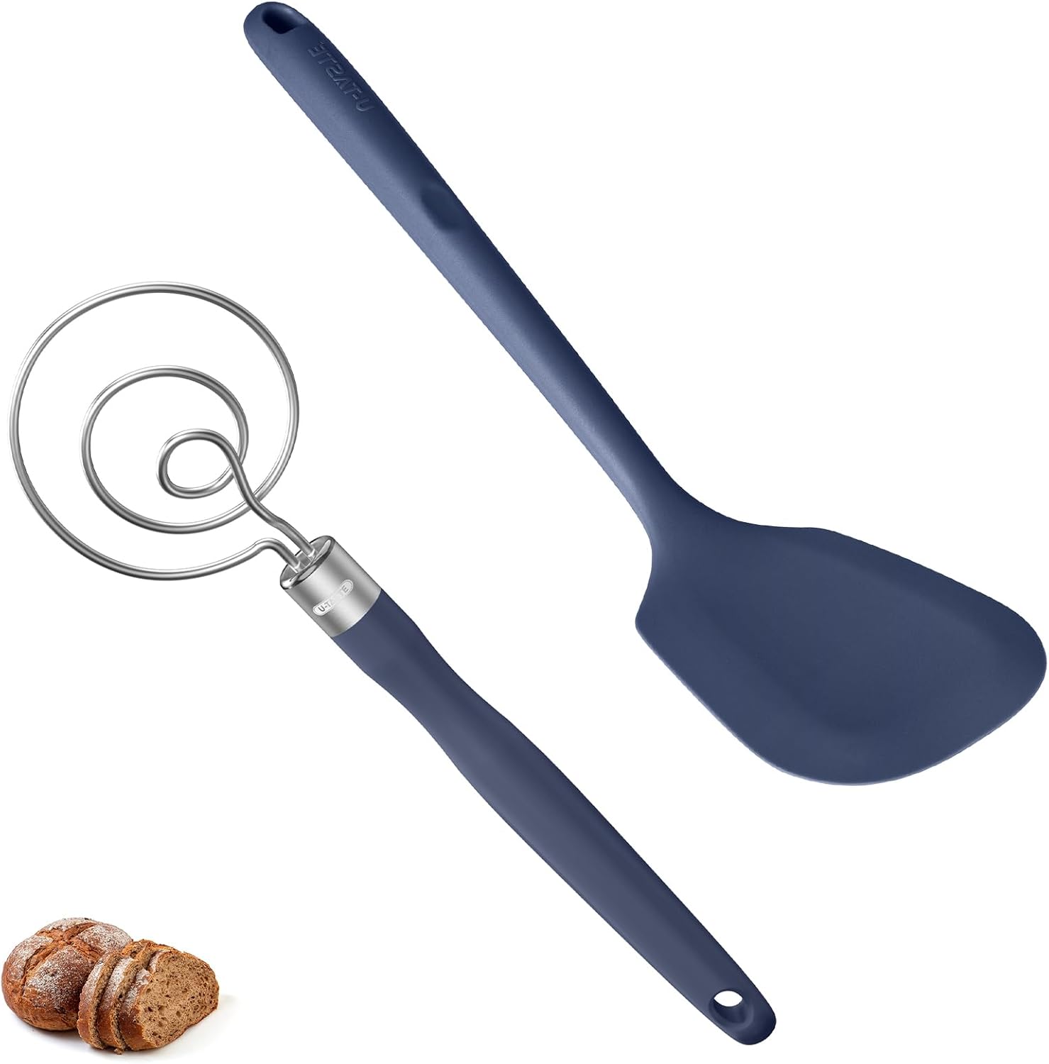 U-Taste 13.6" Solid Silicone Turner 600ºF Heat Resistant Kitchen Spatula Flipper and 12.6in Stainless Steel Danish Dough Whisk (Midnight Blue)