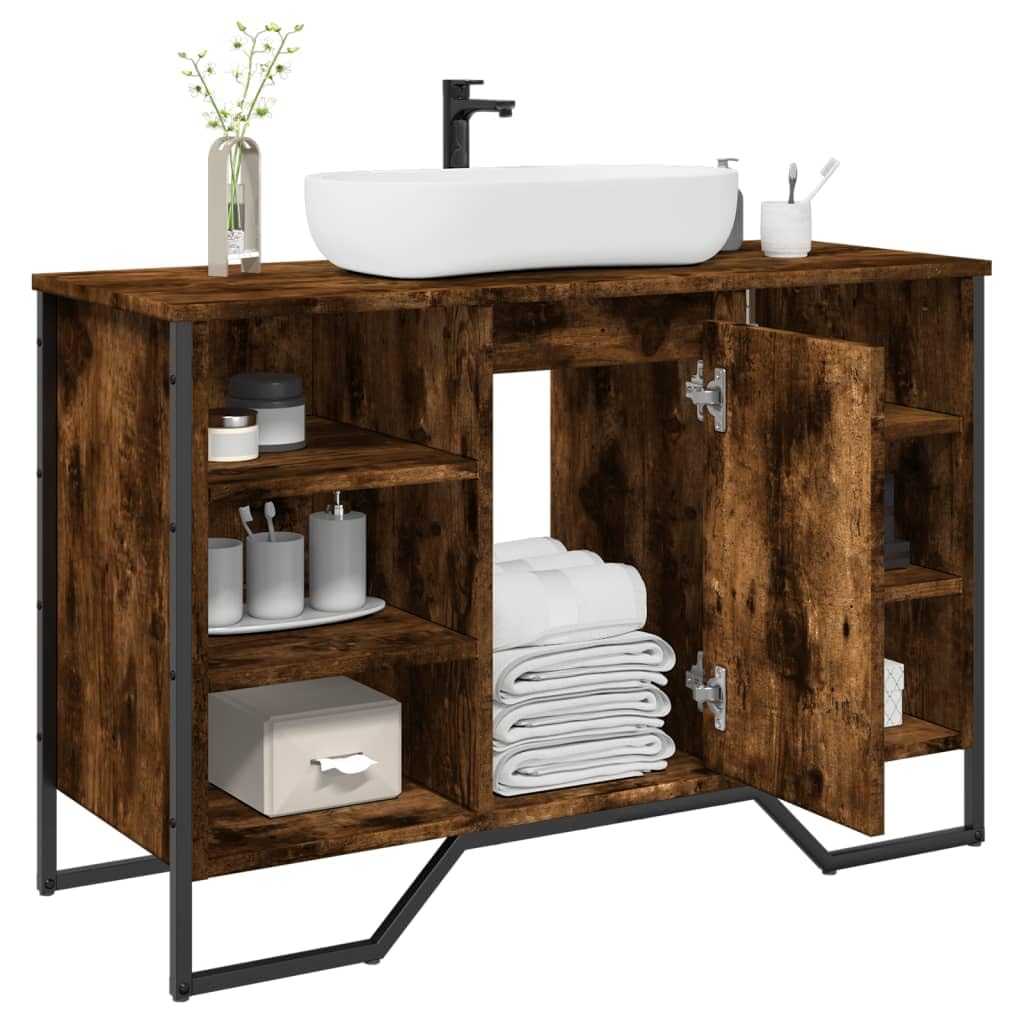 Lavabo de baño de diseño en roble ahumado con mueble de madera de ingeniería de 91x35x60 cm