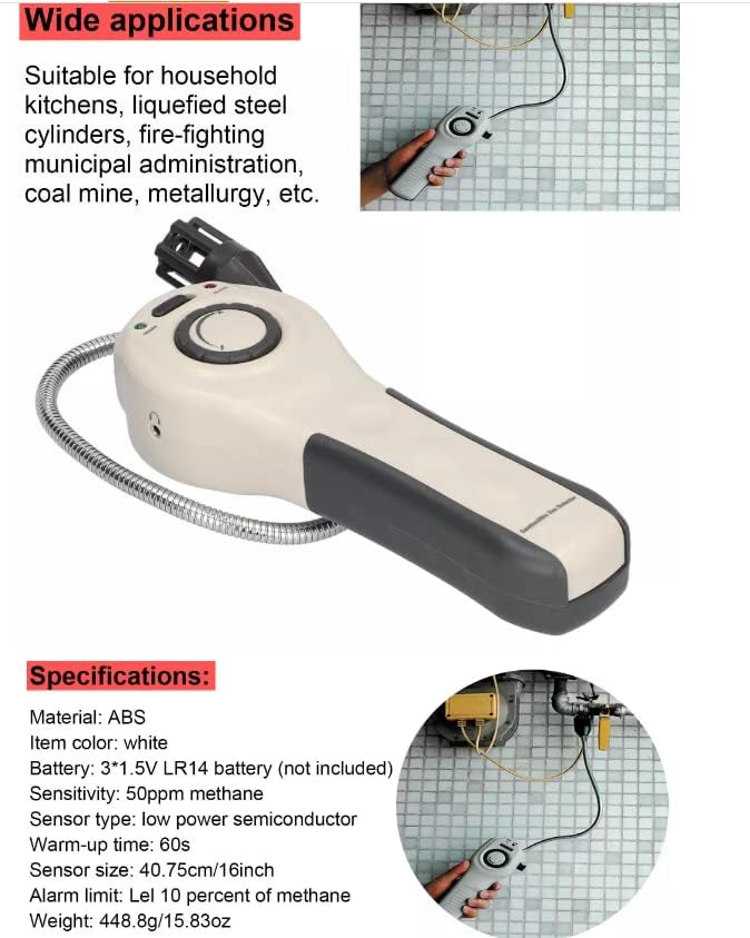 Collage of images showing the VIHELM GM8800A gas detector being used in various applications such as kitchens, industrial settings, and by professionals.