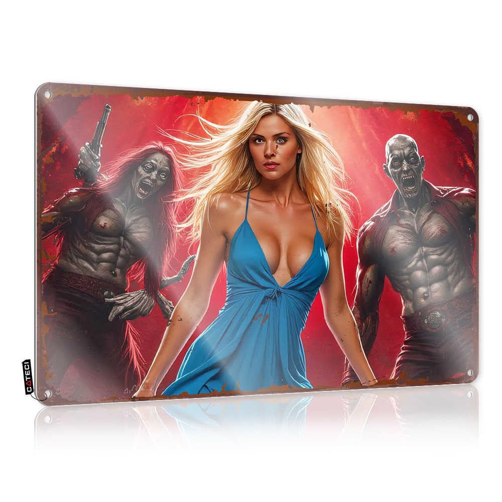 Fzfn Colour Zombie Apocalypse: Woman In Blue Dress Vs. Zombies Farmhouse Signs Modern | Inappropriate Soft Bath Decorative Wall Art(30X40cm)