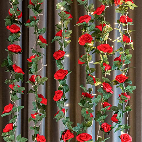 2 Pack (16Ft) Artificial Rose Vine Fake Flowers Garland Hanging Silk Rose Ivy Plants Vine For Wedding Arch Party Garden Home Bedroom Office Wall Aesthetic Art Décor (Red) #TOP2