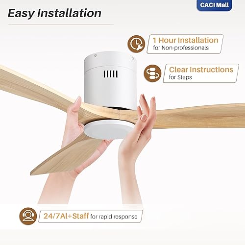 Miniatura 6 de CACI Mall Ventilador de techo de madera maciza de 52 pulgadas sin luz, montaje empotrado, 3 cuchillas, perfil bajo, moderno, ventiladores de techo