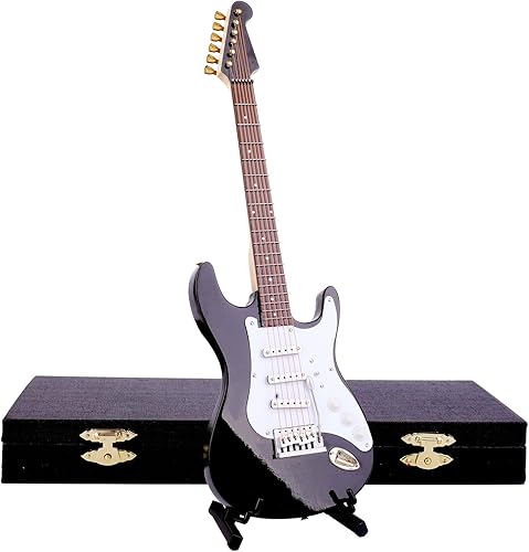 Vista 12 de Guitarra eléctrica en miniatura de madera con soporte y estuche, mini instrumento musical, réplica de guitarra eléctrica, figuras coleccionables