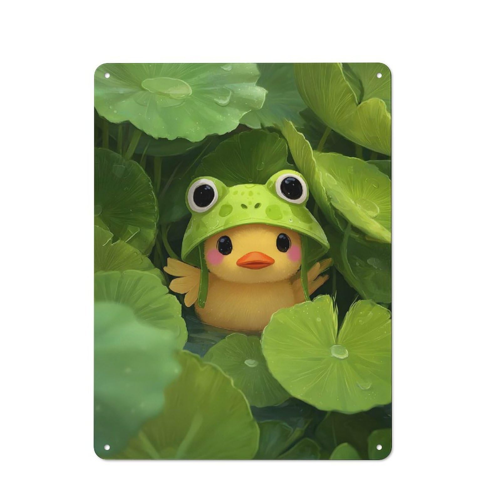 Junmoney Duckling With Frog Hat In Lilypads Metal Wall Sign 40X30cm Featuring For Garage Or Workshop, Suited To Diy Enthusiasts