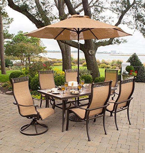Hanover Outdoor Furniture Monaco 7 Pc Dining Set With Umbrella Two Swivel Chairs Four Dining Chairs And A 40 X 68 In Table With Umbrella Brickseek