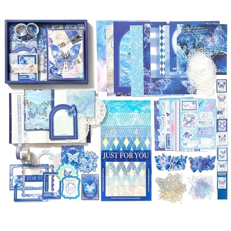 Image of VIBE VISTA Vintage Aesthetic Scrapbook Kit,346 Pcs,A6 Grid Notebook,Washi ,Envelopes, Scrapbook Papers, Folding Labels, Background Papers, Photo Frames, Calendar Stickers, Stickers (Blue Butterfly)